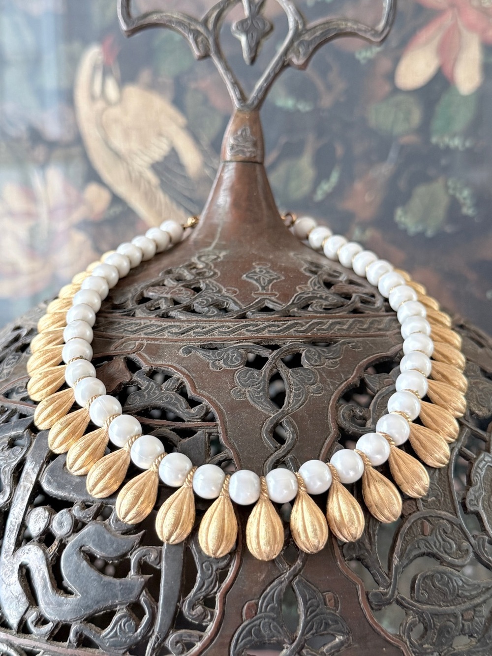 Vintage Trifari Egyptian Revival Choker Necklace; Gold Tone Fringe with Pearls